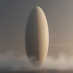 concept art render of a single distant massive two - tone desaturated beautiful neo - futuristic matte surface symmetrical elongated oval monolith emerging from fog at dusk by ilm and denis villeneuve and emmanuel shiu and zaha hadid, trailing white vapor, architectural scale, hazy dark background, simplified beautiful form, hyperrealism, neutral tones colors, matte painting, volumetric light, trending on artstation, cgsociety, rendered in octane
