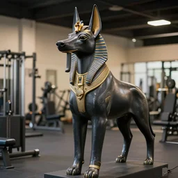 ultrarealistic photo of anubis at the gym