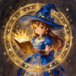 a portrait of girl alchemist in blue dress, witch hat, gold necklace, gold magic book, gold magic explosion, gold magic, magic circle, fantasy, dungeons and dragons, an ultrafine detailed painting, chibi, detailed painting, boris valejo. octopath traveler decal!!!