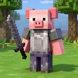 pig from minecraft standing upright wearing iron armor and holding a sword