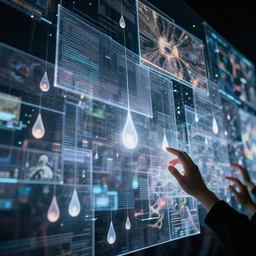 cinematic epic shot, large layers of overlapping translucent cyberscreens projecting beautiful varied reference sheets, floating translucent graphics, dripping light drops, people hands touching light drops, perfect lighting pixel sorting