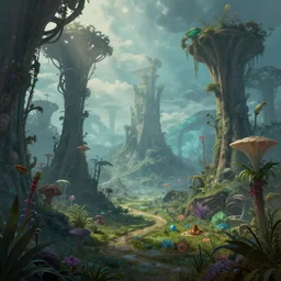 a fantasy alien landscape, alien plants and trees, sense of awe, beautiful, dnd, fantasy, mystical, illustration, matte painting, 4 k