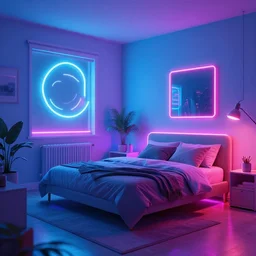 a neon lofi bedroom, digital art