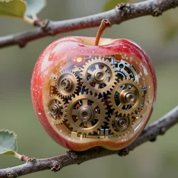 35mm photo of an intricate mechanical apple growing off a tree branch. Apple has transparent skin and all gears visible inside, very detailed, 8k, fantasy cyberpunk