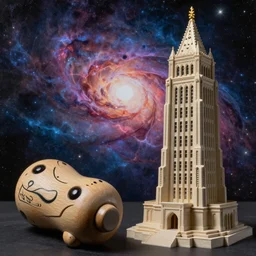 die rolled on the left and majestic tower on the right, highly detailed cosmic background, by pablo picasso and david normal