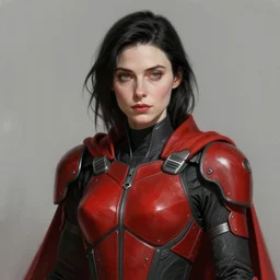 portrait of a woman by greg rutkowski, she looks like elizabeth debicki, pale skin with black hair, she is wearing a red and black kevlar gear with a cape, highly detailed portrait, digital painting, artstation, concept art, smooth, sharp foccus ilustration, artstation hq