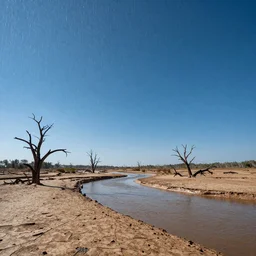 panorama of big raindrops flying upwards into the perfect cloudless blue sky from a dried up river in a desolate land, dead trees, blue sky, hot and sunny highly-detailed, elegant, dramatic lighting, artstation, 4k, cinematic landscape, photograph by Elisabeth Gadd, National Geographic, weird weather phenomenon
