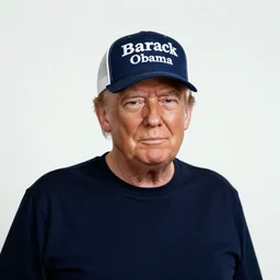 Donald Trump in a cap with the text Barack Obama, 35mm photography
