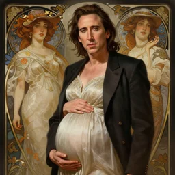 pregnant nicolas cage, handsome, intricate, elegant, highly detailed, digital painting, artstation, concept art, smooth, sharp focus, illustration, art by artgerm and greg rutkowski and alphonse mucha and william - adolphe bouguereau