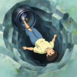 anime studio ghibli human falling into portal abyss fused body parts mc escher tessellation zeiss lens algorithm code masterpiece stage lighting painting by tokio aoyama high contrast 8 k realistic paint texture