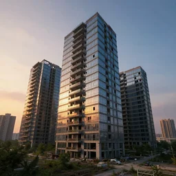 a beautiful photorealistic rendering of building industrial architecture multi - unit residential building unfinished building urbex architecture abandoned city nature by ted nasmith, fisheye azeroth anime uranus at dusk made of glass sunset elysian dramatic lighting, archdaily, wallpaper, highly detailed, trending on artstation.