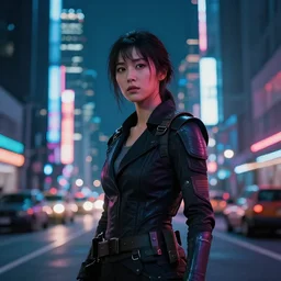 4 k remaster extremely detailed cinematic movie still from blade runner 2 0 4 9 of a japan woman warrior in the street, megabuildings, face by artgerm, cyber noir, bokeh, denis villeneuve, rich colors, night, road