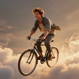 In a warm atmosphere, a fancy portrait of a happy man flying in the sky on his bicycle in the clouds, perfect expression, Ross Tran, Greg Rutkowski, Maciej Kuciara, volumetric lighting, dramatic, trending on artstation