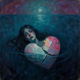 despair, drowning, alone, a shattered broken empty heart, the weeping visage of a longing dreamer in desolate depths, cosmic void, abyssal depths, art nouveau art deco, vibrant dark emotional composition, dark pastel palette, rough textures, inspired by jackson pollock and edvard munch and rebecca guay. a distant feeling of glimmering hope in the diffuse distance of the inky deep waters