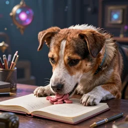 my dog eats my homework, 3 d render, hyper realistic, detailed, ruan jia, by wlop, scifi, fanstasy, magic, the gathering, hyper detailed