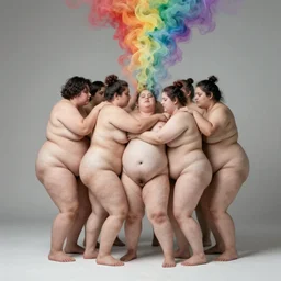 a group of fat human bodies intertwined, rainbow smoke, studio light, mamiya, in the style of nobuyoshi araki and klimt