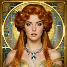 Katie Mcgrath as  the princess of mars , a beautiful art nouveau portrait by Gil Elvgren, beautiful sci-fi city environment, centered composition, defined features, golden ratio, silver jewellery, stars in her gazing eyes