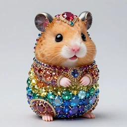 super cute hamster statue made of individual rainbow gems, full body portrait, made of large rainbow gems, huge ornate gemstones, ruby sapphire emerald opal onyx, artgerm, realistic, roger deakins, greg rutkowski, jewelry hamster