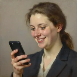 close - up portrait of a smiling businesswoman holding a cell phone, oil painting in the style of rembrandt