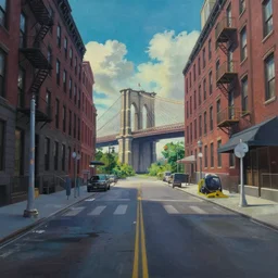 gouache matte painting!!! new york empty street ground panorama, brooklyn bridge in far distance, dramatic daytime, cinematic angle, studio ghibli, makoto shinkai, pixar painting, cinematic lighting, detailed gouache painting, hyperrealistic, 8 k