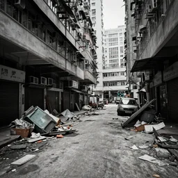 a distorted image of abandoned streets of hong kong, junk and debris on the floor