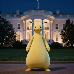 nighttime shot of secret agent mewtwo from pokemon wearing double ballgown standing in front of white house looking at camera high resolution pixar