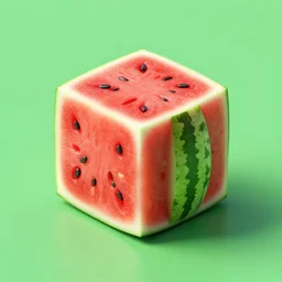 studio shot of an watermelon shaped like a cube, isometric perspective, green background, product shot, 8 k octane render