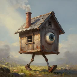 a walking wood and metal house with two legs and one big eye, smoky chimney, rust, hyperrealistic, highly detailed, cinematic, single ray of sun, morning, pareidolia, gravity falls style, disney, beautiful, cgssociety, artstation, 8 k, oil painting, digital art