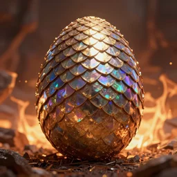 Egg, Prismatic Dragon Scales, burning background, photo realistic, octane render