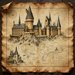 concept art from harry potter movies, realistic marauders map of hogwarts, with names, mischief managed, ink painting on ripped leather