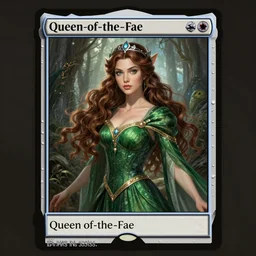 A beautiful Queen-of-the-Fae-with-brown-hair wearing an all-green-pleated-dress and a silver-diadem, Magic the Gathering card art