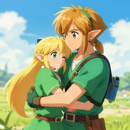 Mipha and Link embrace, trending on artstation