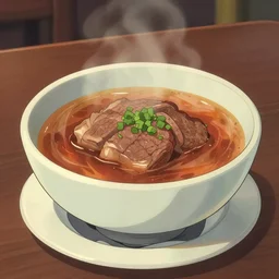 a bowl of steak soup on a table lower corner view in the style of studio ghibli, manhwa, fancy