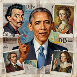 collaged!!!!!! obama, vibrant newspaper! and magazine! collage! by dali and hieronymus bosch and beksinski sandra chevrier!!!!!!!, photorealistic, digital painting, cubism, hyper - detailed masterpiece, torn polaroid