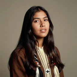 a medium shot, kodachrome studio photographic portrait of a young female singer of native american descent with long dark hair, studio lighting, 1 9 7 9 photo from vogue magazine