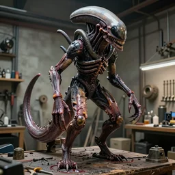 wide angle photo taken of an epic intricate, ultra detailed, super realistic gritty, hero prop, exquisitely weathered animatronic movie prop of a lifelike sculpture of a wet, slimy nightmarish hellish alien creature displayed in the workshop, created by weta workshop, full body shot, photorealistic, sharp focus