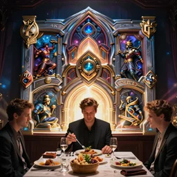 tom waits eating dinner, 8 k, ultra wide angle, high contrast, highly detailed, vivid colors, dramatic lighting, depth of field, ray tracing, concept art, volumetric light, unreal engine, pincushion lens effect, trending on artstation, hearthstone, elegant, intrincate, zenith view, greg rutkowski, feng zhu