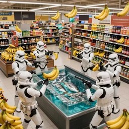 Star wars troopers fighting with bananas in a supermarkets fish area, the star wars troopers try shooting and hitting other troopers with bananas, high perspective inside the store, high field of view, 40nm lens, split lighting, 4k,