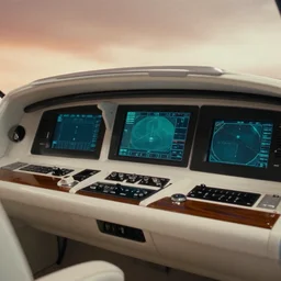 Film still of the bridge of a space ship, large viewscreens, control panels, white plastic, black interface, wood effect, Rolls Royce interior, soft orange and cyan highlights, neutral light, soft edges, calm feeling, Cinestill colour cinematography, anamorphic
