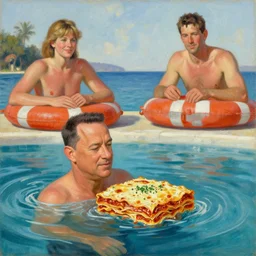 tom hanks swimming in lasagna, meg ryan life guard, an oil painting by ross tran and thomas kincade