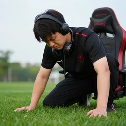 A very unhealthy person wearing gamer attire touching grass, hyperrealistic photography, 8k UHD