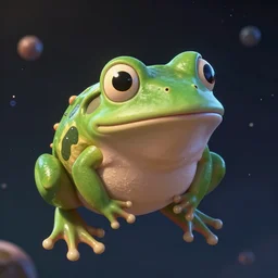 medium close - up shot of a very cute and relaxed alienfrog floating through space, concept art, by esao andrews, by m. w. kaluta, by pixar, volumetric light, rich colors, very humorous!!!, realistic reflections, smooth, depth perception, tilt shift, 4 k, unreal engine 5, artstation