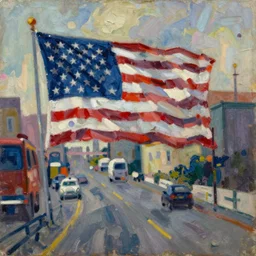 modern america, in the style of minerva teichert, oil on canvas, impasto, visible brushstrokes, watercolor, 8 k scan