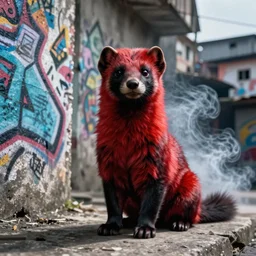 photo ( far _ shot ), subject [ furry _ fandom _ fursona ( red - black, anthropomorphic _ weasel - ferret - stoat ) ], background ( smoke, concrete ), medium [ graffiti ( spray _ paint ) ], location ( favela _ wall )