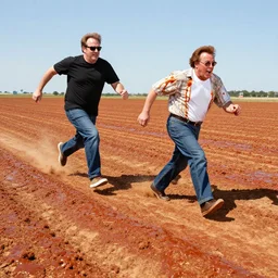 robin williams and John candy run and slide, endless fields of bbq sauce, sunny day, photo