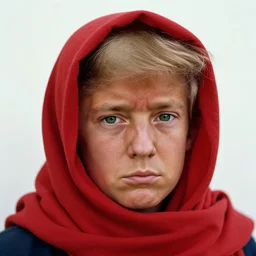 portrait of donald trump as afghan boy, green eyes in a red headscarf looking intensely at the camera, taken by steve mccurry, kodachrome 6 4 color slide film, with a nikon fm 2 camera and nikkor 1 0 5 mm ai - s f 2. 5 lens