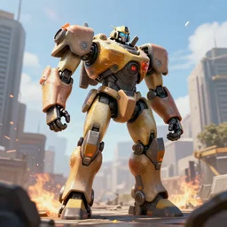 six meter tall mech firefight in a city, action scene, unreal engine screenshot, action game, octane render, trending on artstation