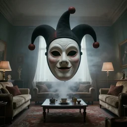 a strange floating blob of mist wearing a large creepy jester mask floating in the living room, film still from the movie directed by denis villeneuve with art direction by zdzisław beksinski, wide lens