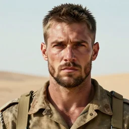 portrait of muscular, tired and alcoholic 3 0 - year - old handsome man with short darkblonde hair, serious sad look in his eyes, dirty beard, blue eyes, crying tears, wearing dirty soldier uniform, on the desert, hyper realistic face, beautiful eyes, character art, art by mark brooks, hyperdetailed, cryengine, trending on artstation, digital art