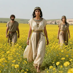 concept art by Neil Blevins, James Paick, Natasha Tan Maciej Kuciara, highly detailed, ultra realistic Mediterranean skinned woman with ancient Canaanite clothing walking in a field of vibrant yellow flowers in the middle east long-range plan cinematic lighting